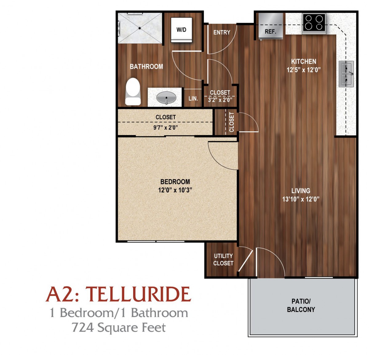 A2: Telluride floor plan for a 1-bedroom, 1-bathroom apartment with an area of 720 square feet.