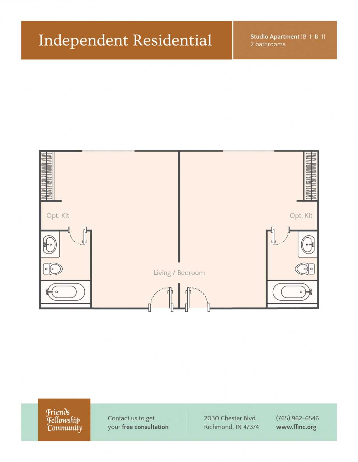 A symmetrical floor plan featuring two mirror-image sections, each equipped with restroom facilities.