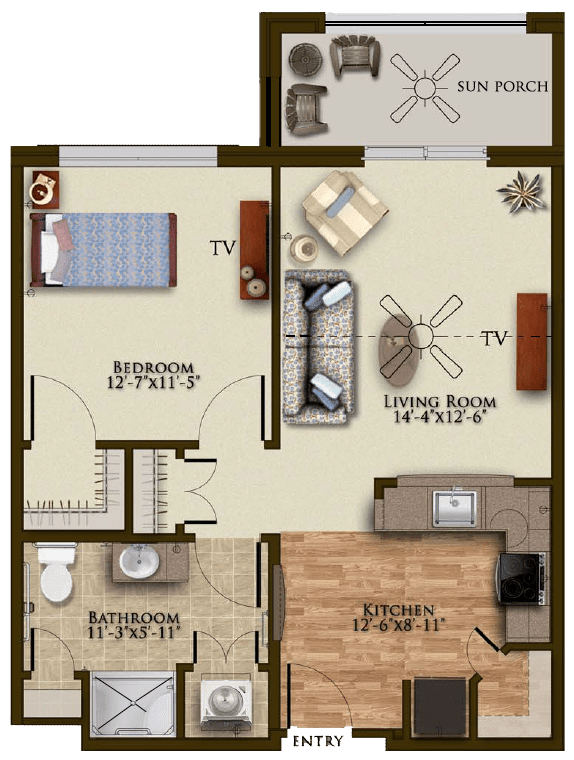 A detailed floor plan of a one-bedroom apartment featuring a living room, kitchen, and bathroom.