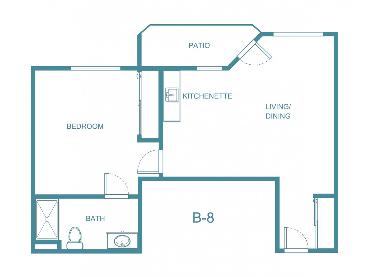A floor plan of a one-bedroom apartment with a kitchen, living/dining area, patio, and bathroom.