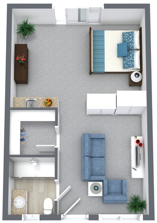 A modern apartment floor plan with a living room, kitchen, and bedroom layout.