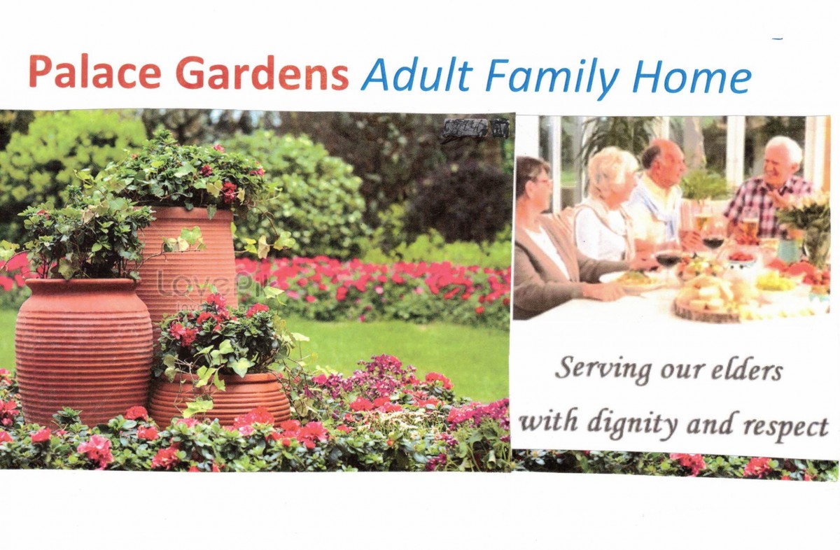 Promotional image for an adult family home featuring a garden and elderly individuals enjoying a meal together.