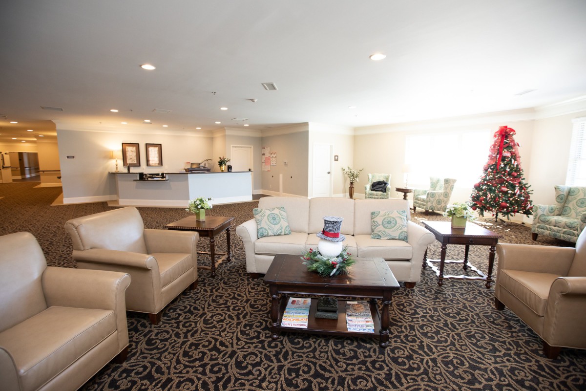 A cozy living room with comfortable sofas, a coffee table, and elegant decor.