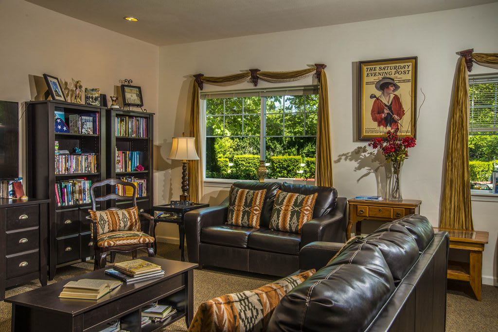 A cozy living room with leather sofas, a bookshelf, and a large window letting in natural light.
