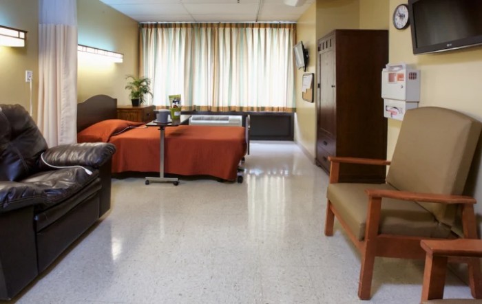 A tidy hospital room with two beds and basic amenities.