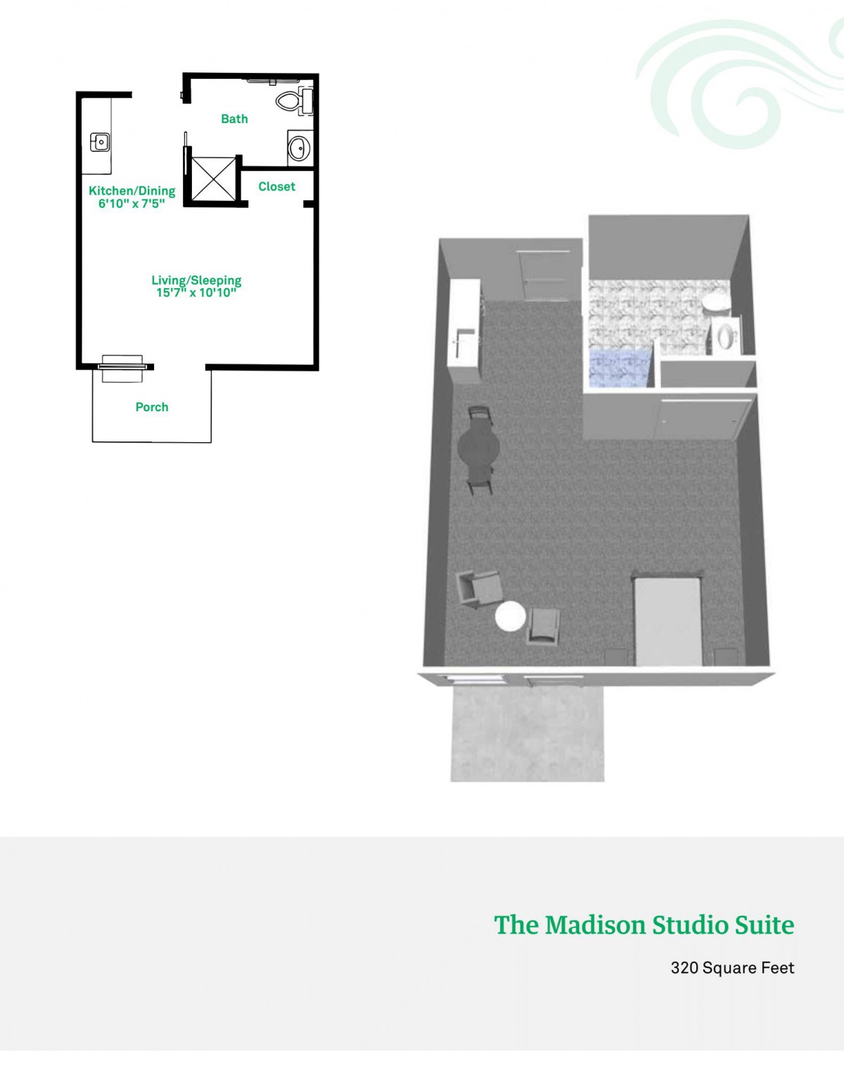 A detailed floor plan and 3D layout of a modern studio suite, featuring a compact and efficient interior design.