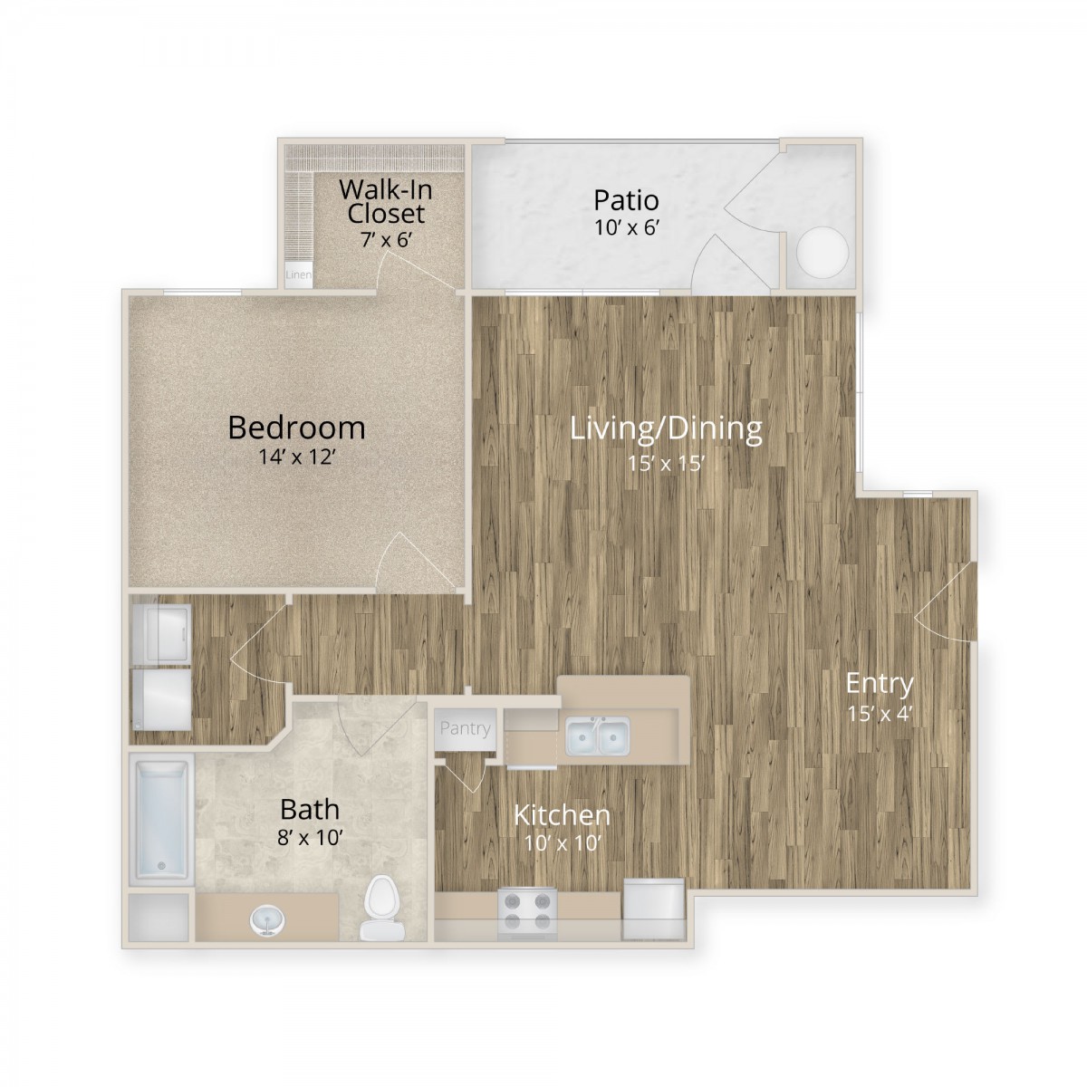 A floor plan of a one-bedroom apartment with designated spaces for living room, kitchen, bathroom, and patio.