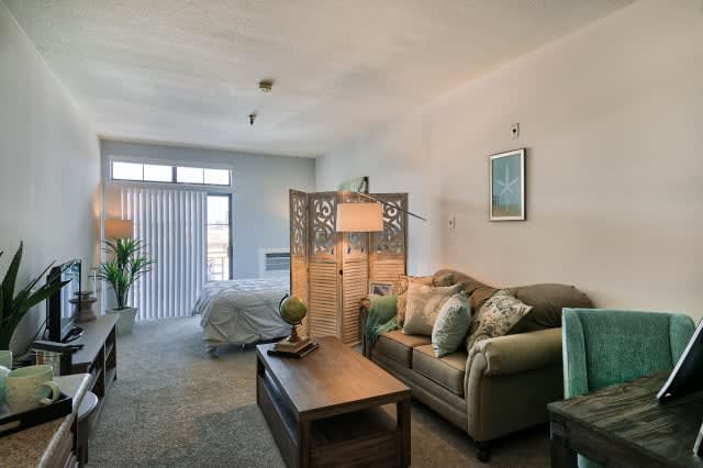 A modern open-plan living area with a cozy seating arrangement and soft lighting.
