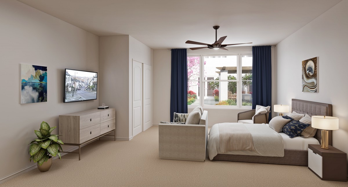 A modern bedroom with a large window, featuring a bed, dresser, and television.