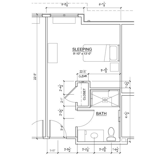 A detailed architectural floor plan showing the layout of a room, including dimensions and structural details.