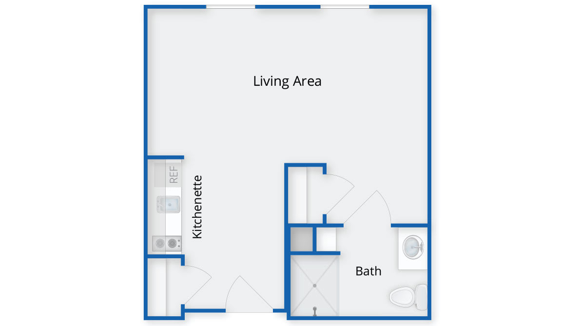 Studio apartment floor plan with a kitchenette, living area, and bathroom.
