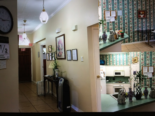 A well-lit hallway leading to a kitchen area, featuring decorative elements and plants.