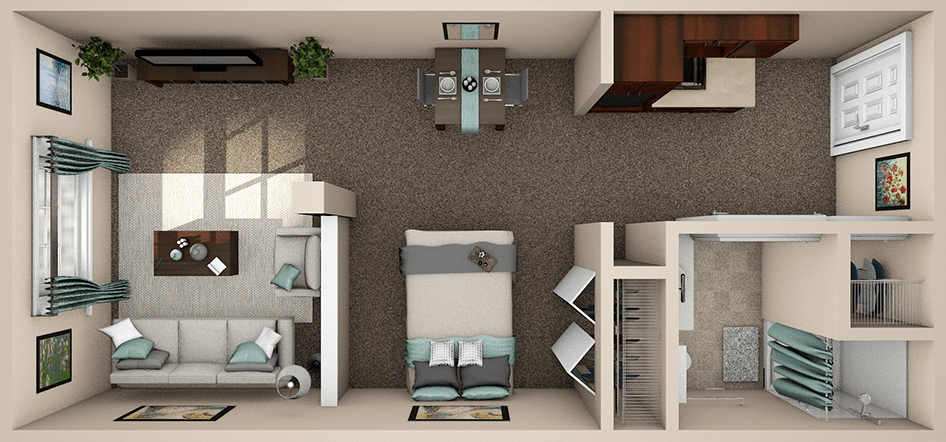 A detailed floor plan showing an apartment with a bedroom, living area, and dining space.