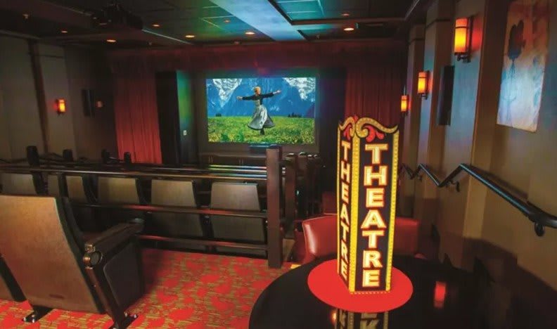 A cozy home theater setup with a large screen and comfortable seating.