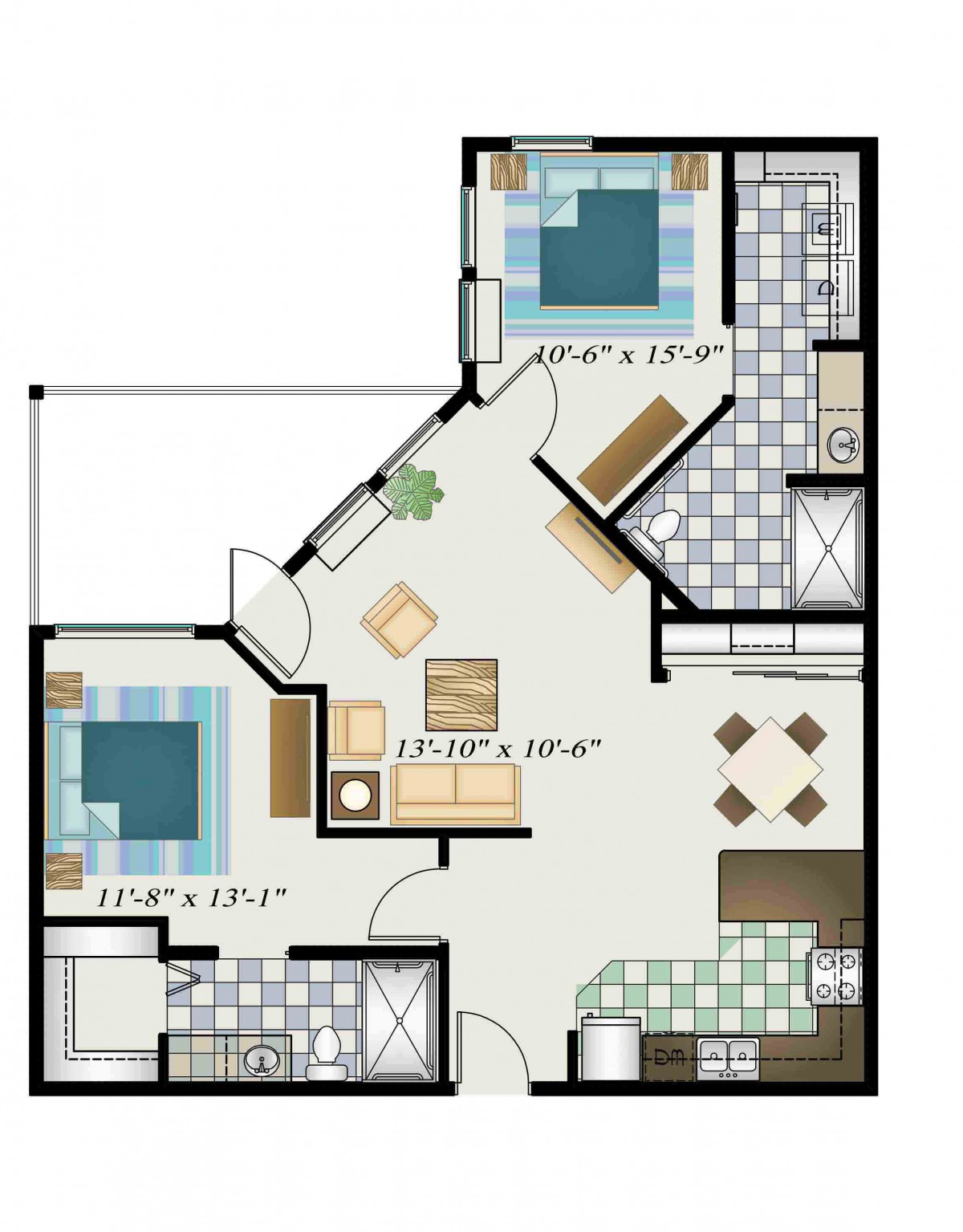 A floor plan of a two-bedroom apartment featuring a kitchen, living room, and two bathrooms.