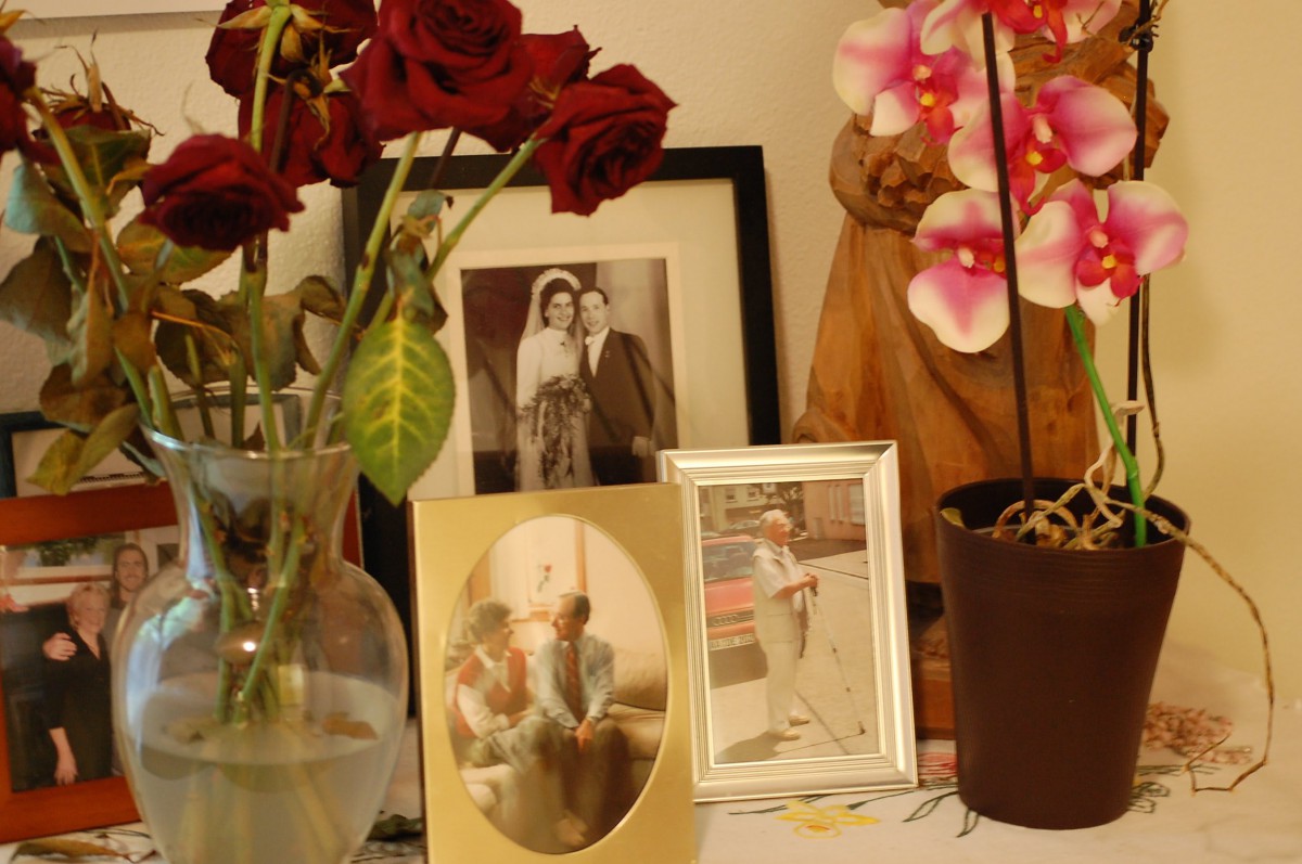 A display of red roses and orchids in vases alongside framed photographs.