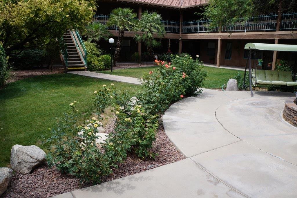 A serene courtyard with lush greenery and a winding pathway leading through the garden.