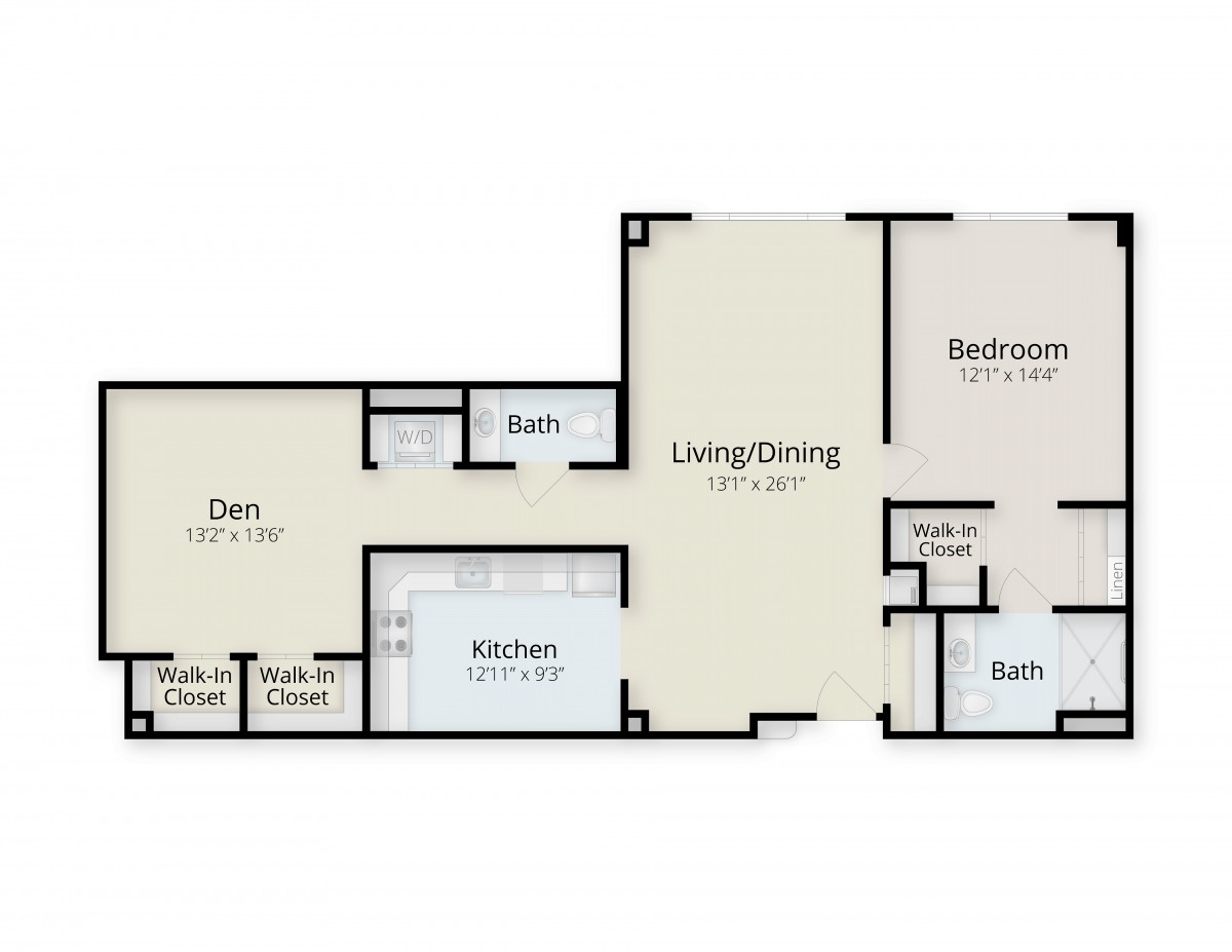 A floor plan layout of an apartment featuring two bedrooms, a den, kitchen, living/dining area, and two bathrooms.