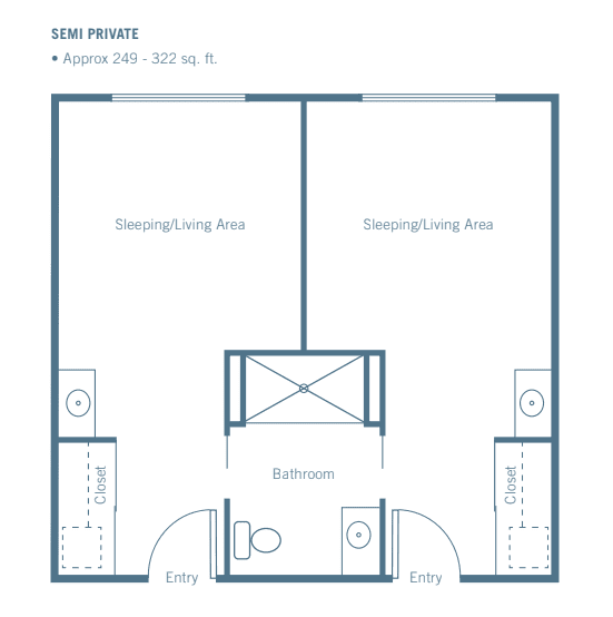 A floor plan of a two-room apartment with a central bathroom.