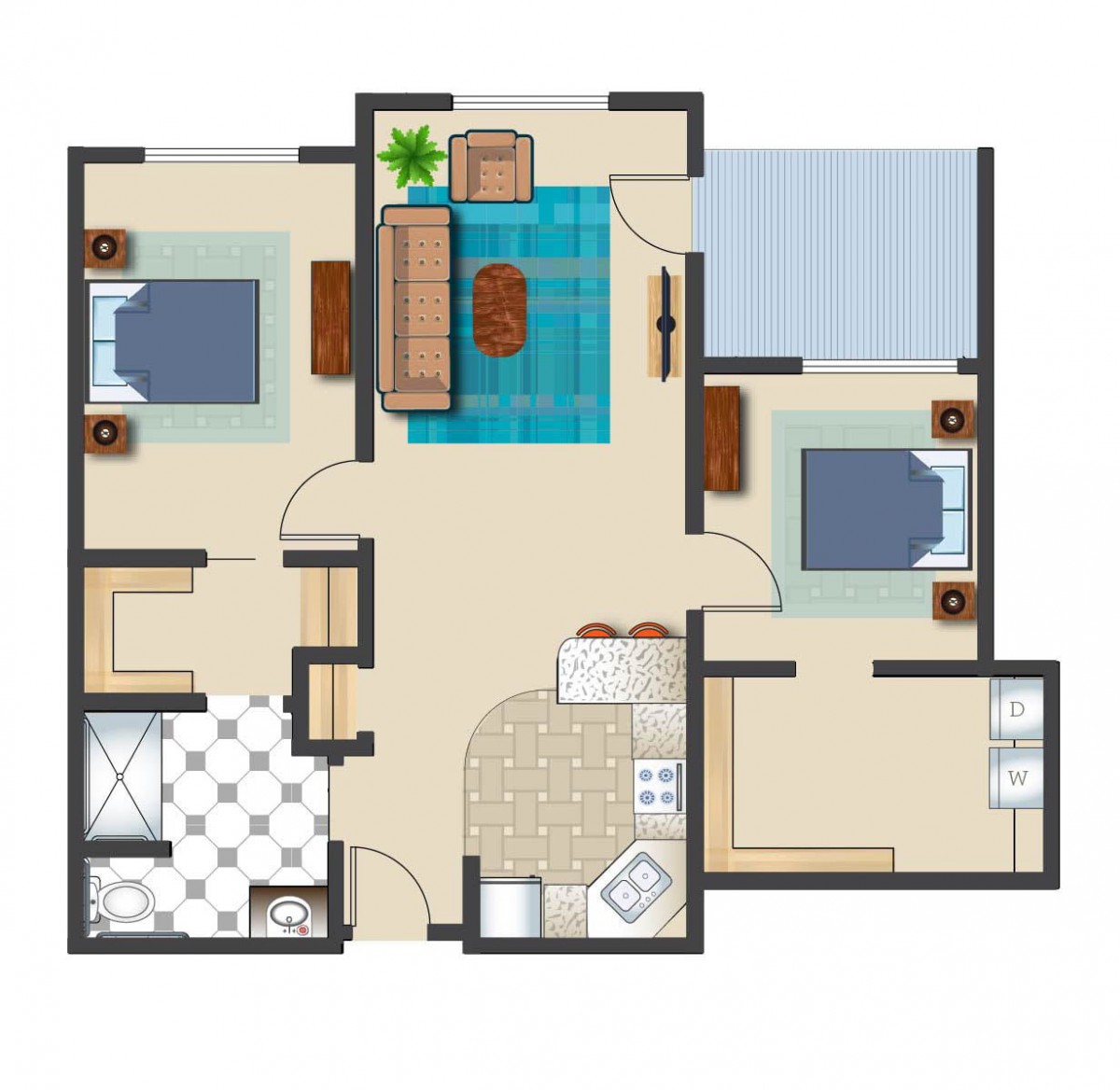 A two-bedroom apartment floor plan featuring a living room, kitchen, and bathroom.