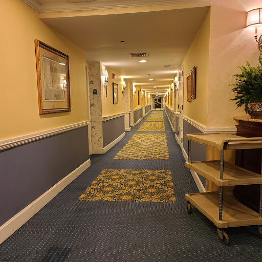 A well-lit hotel hallway featuring decorative framing and a cart for room service.
