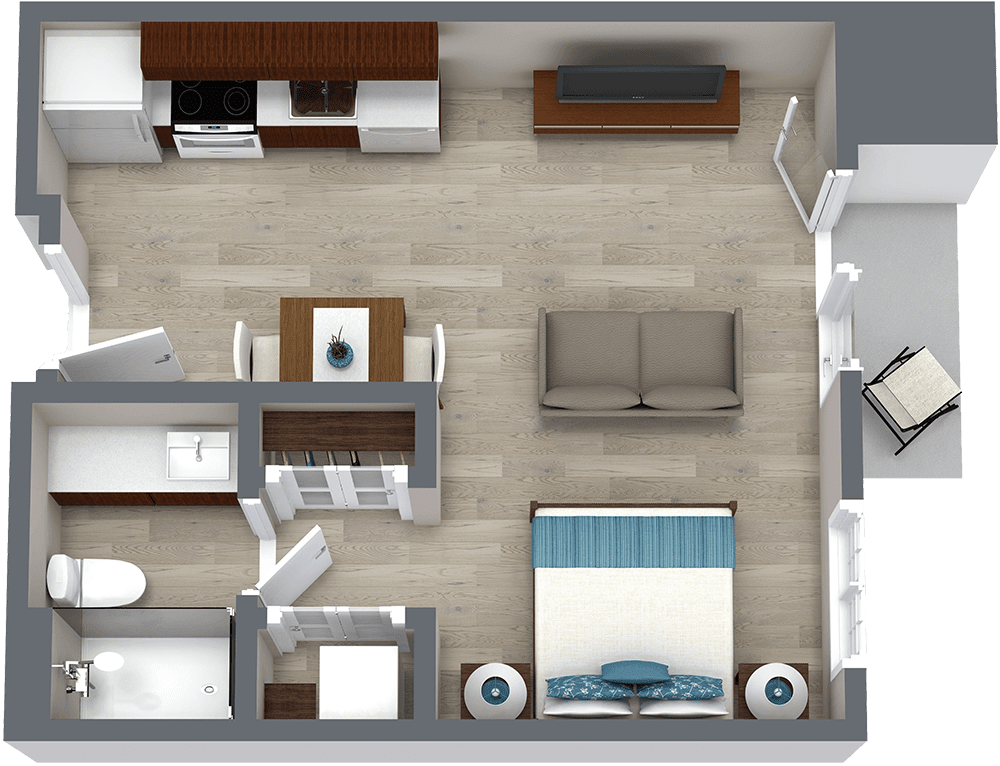 A 3D rendered floor plan of an apartment featuring a kitchen, living room, bedroom, and bathroom.