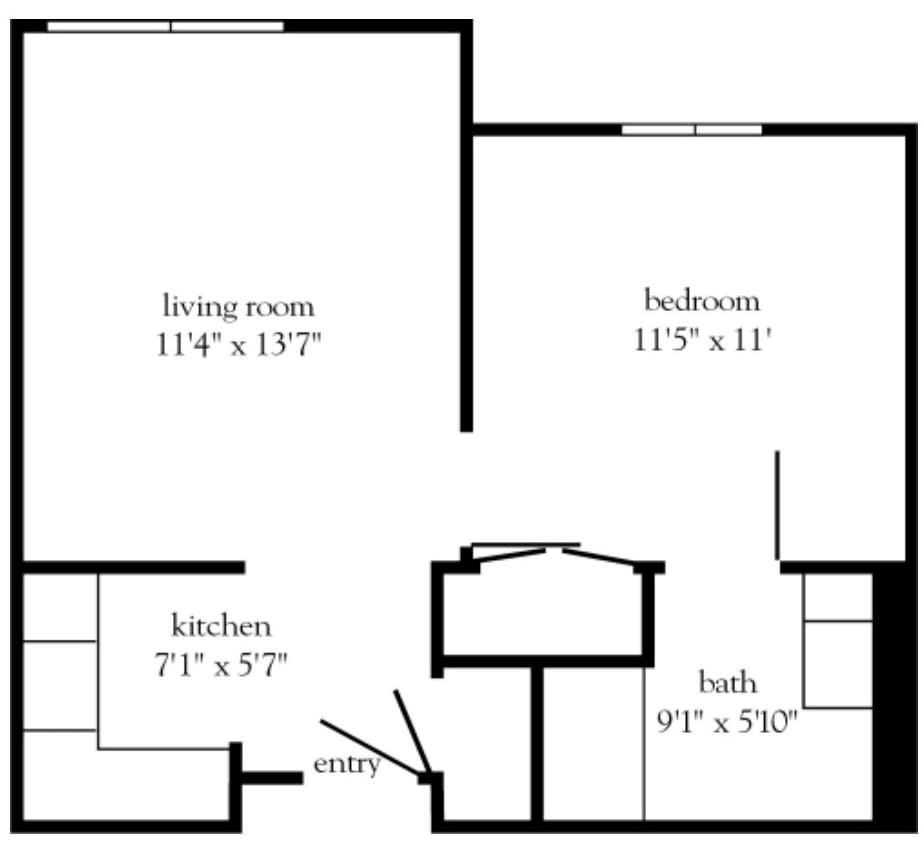 A simple floor plan of an apartment with dimensions for the living room, bedroom, kitchen, and bathroom.