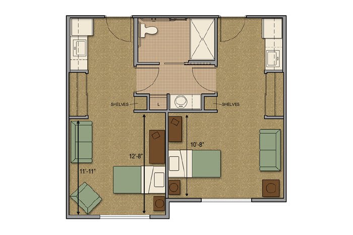 A floor plan showing the layout of a two-bedroom apartment with shared bathroom and living area.
