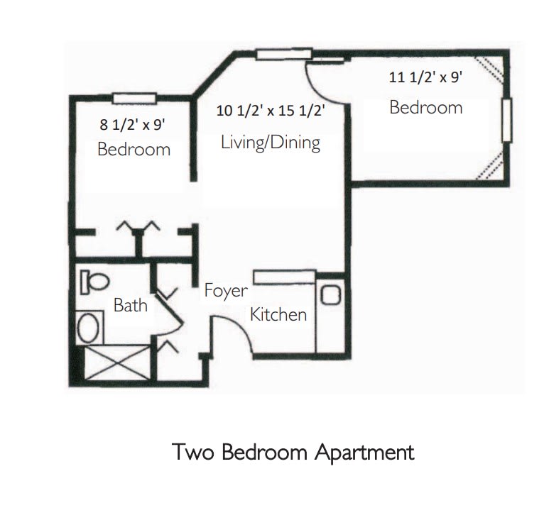 A floor plan of a two-bedroom apartment.