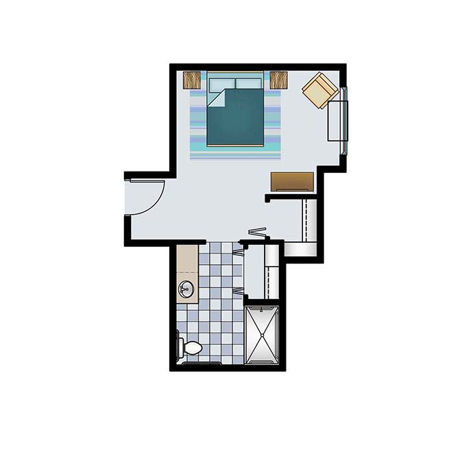 A floor plan of a compact studio apartment with a bathroom, kitchen area, and bedroom space.