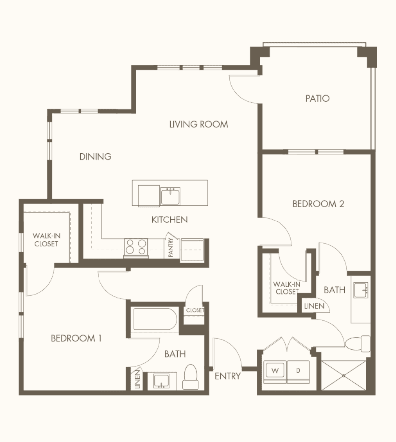 Floor plan of a two-bedroom apartment with a living room, kitchen, and dining area.