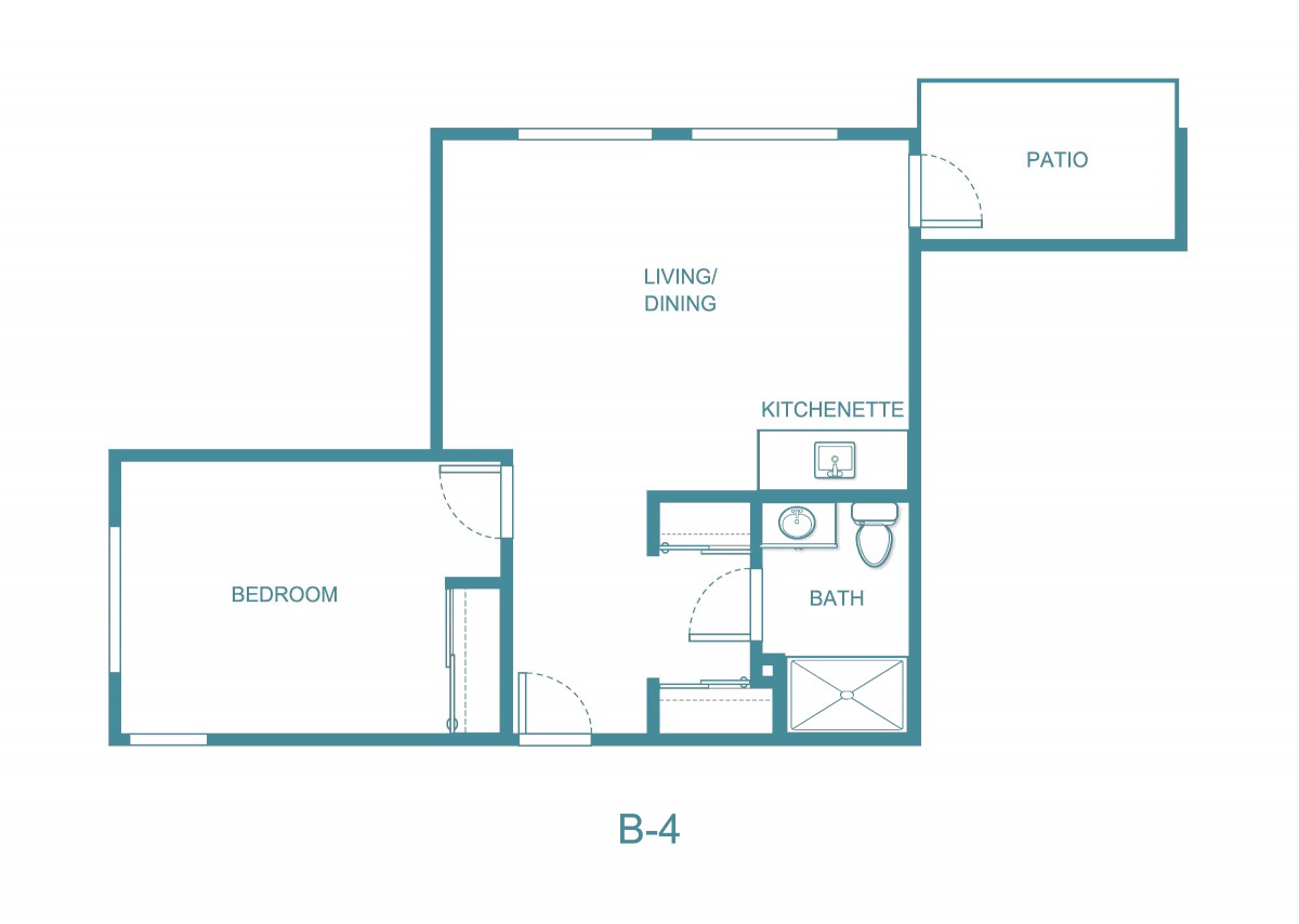 A floor plan of an apartment with a living room, bedroom, bathroom, and balcony.