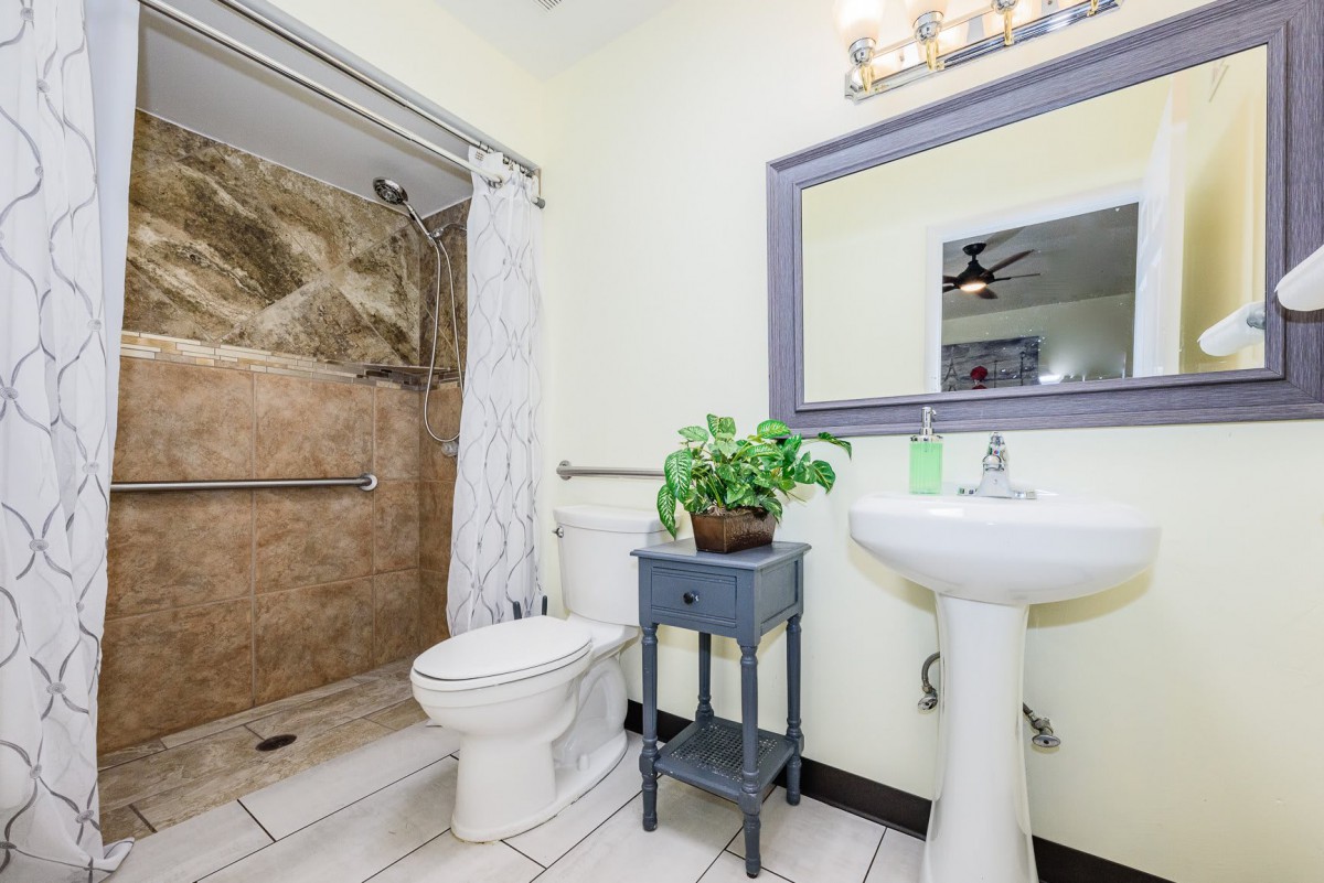 A well-lit bathroom with a shower, toilet, sink, and a decorative plant on a small table.