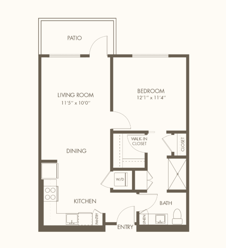 A floor plan of a one-bedroom apartment featuring a living room, kitchen, dining area, bathroom, and balcony.