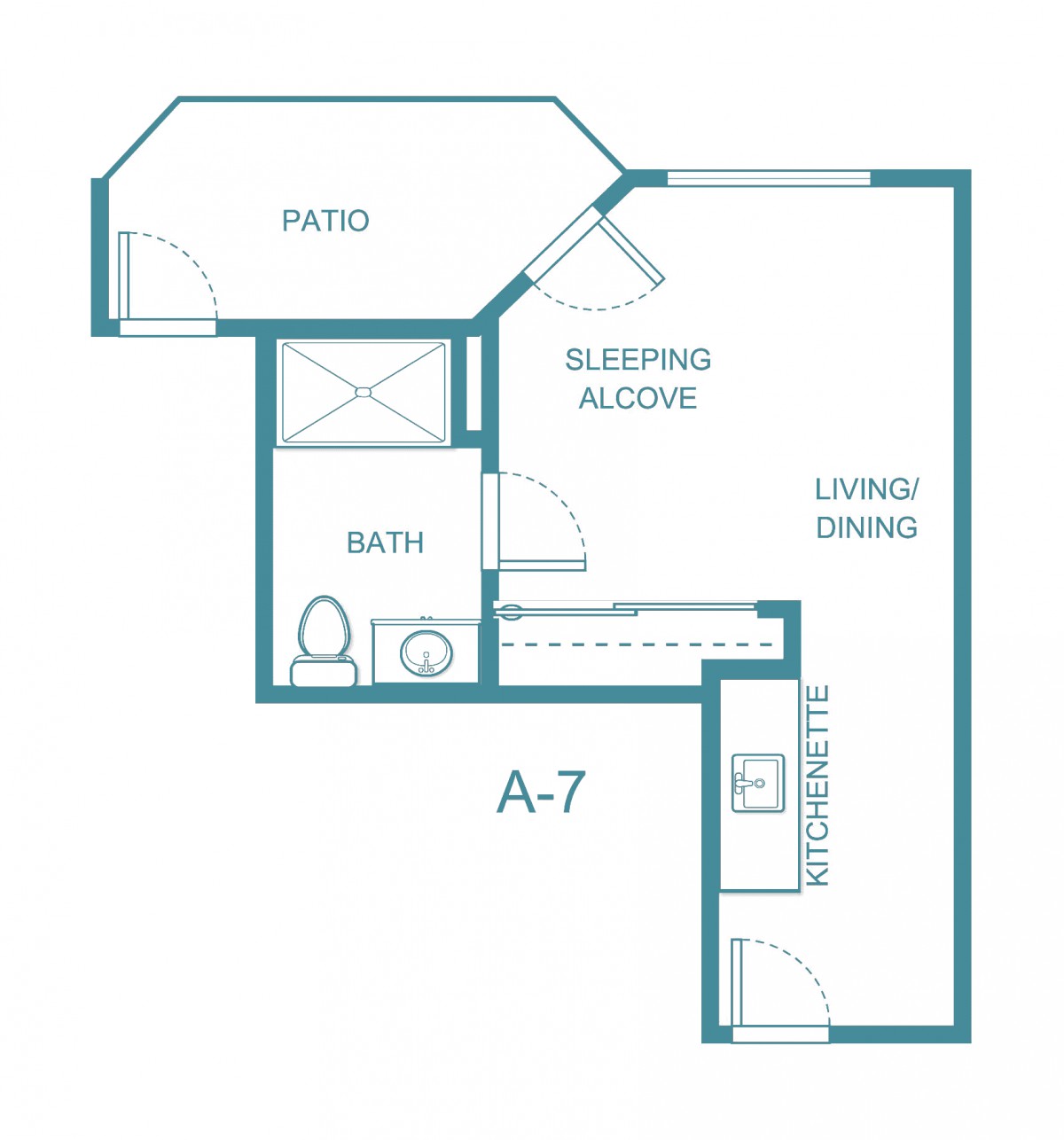 Studio apartment floor plan featuring a sleeping alcove, patio, kitchen, and bathroom.