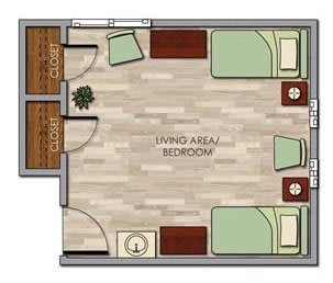 A floor plan of a living area combined with a bedroom featuring two beds.
