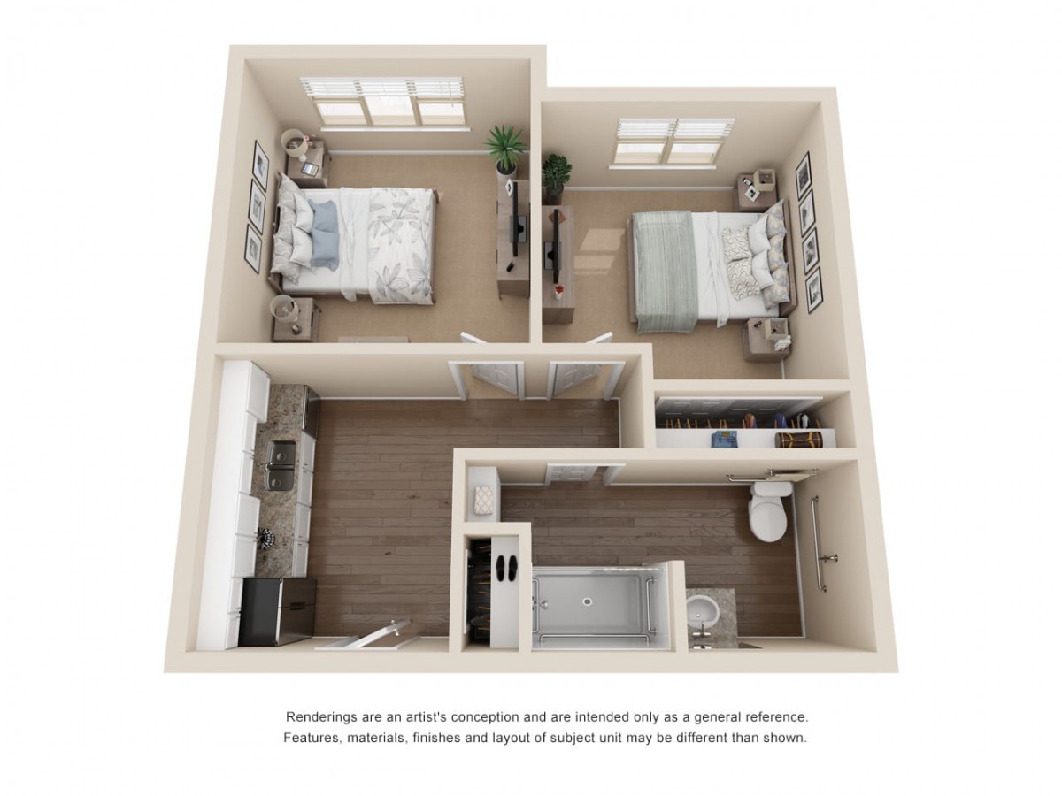 A 3D floor plan of a two-bedroom apartment featuring a kitchen, bathroom, and shared living space.