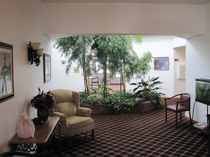 A cozy seating area in a lobby with lush indoor plants.