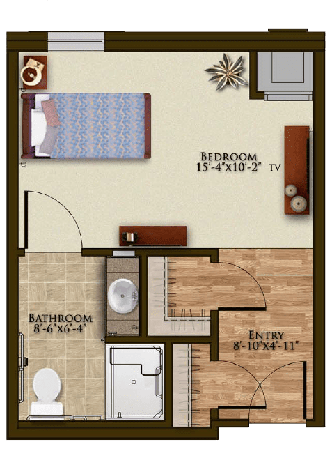 A detailed floor plan of a one-bedroom apartment with a bathroom and living area.