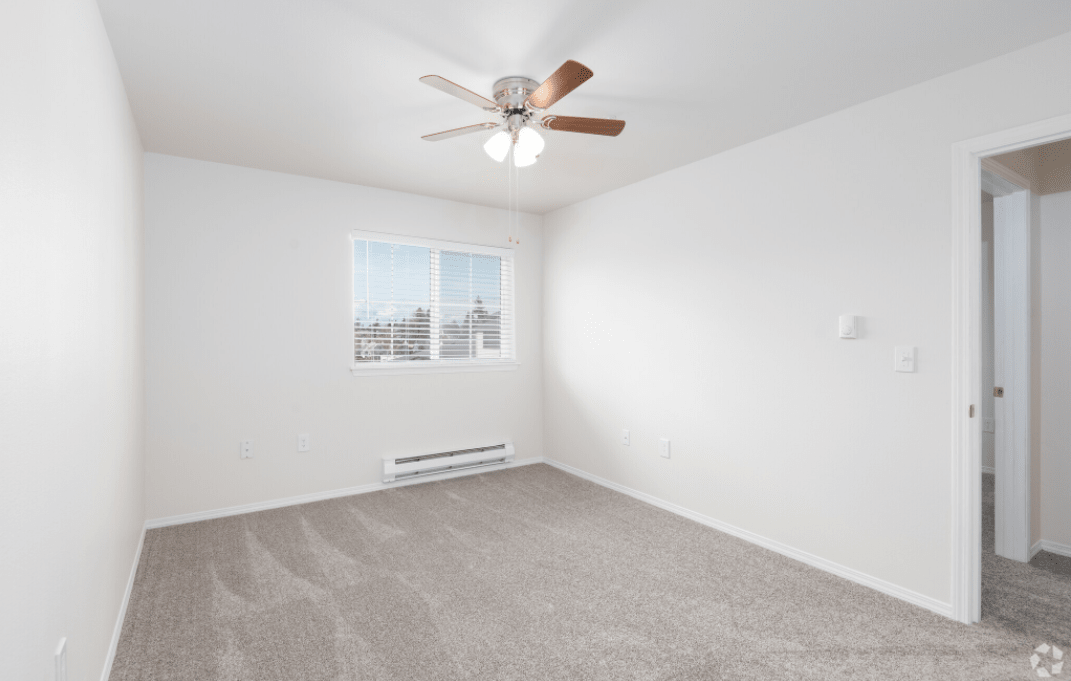 An empty room with white walls, a carpeted floor, a ceiling fan, and a window.