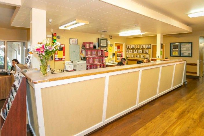A brightly-lit office reception area with a long desk and flower arrangement.