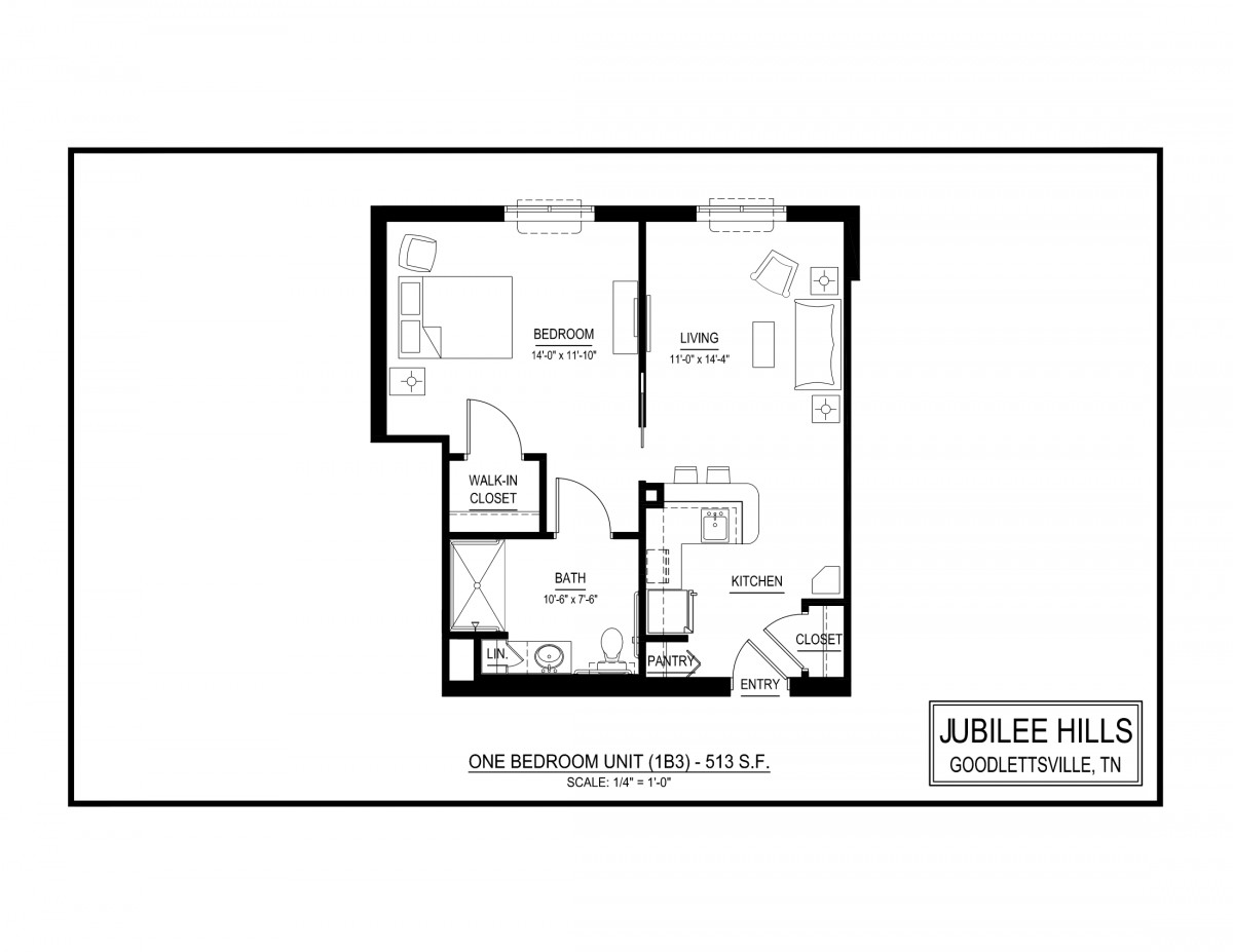 A floor plan of a one-bedroom apartment layout.