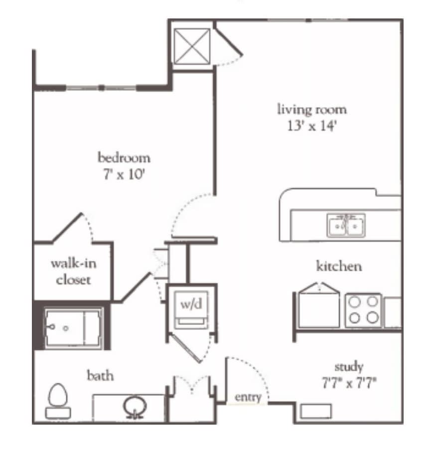 A one-bedroom apartment floor plan featuring a living room, kitchen, study area, bathroom, and walk-in closet.