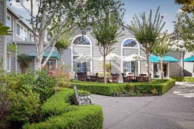 A charming house with an inviting garden and outdoor seating area on a sunny day.