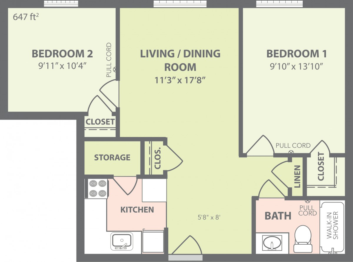 A floor plan of a two-bedroom apartment featuring a living/dining room, kitchen, bathroom, and storage spaces.