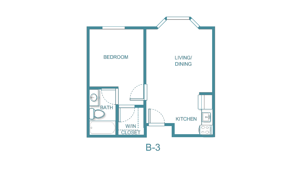 One-bedroom apartment floor plan with a bathroom, kitchen, and living/dining area.