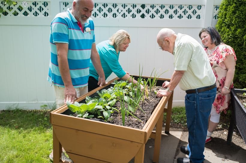 A group of people tending to a raised garden bed in a community setting.