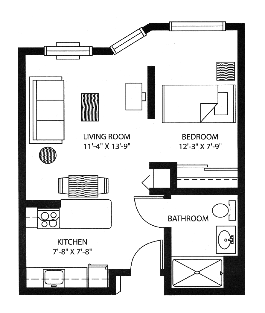 A layout of a one-bedroom apartment floor plan, including a living room, kitchen, and bathroom.