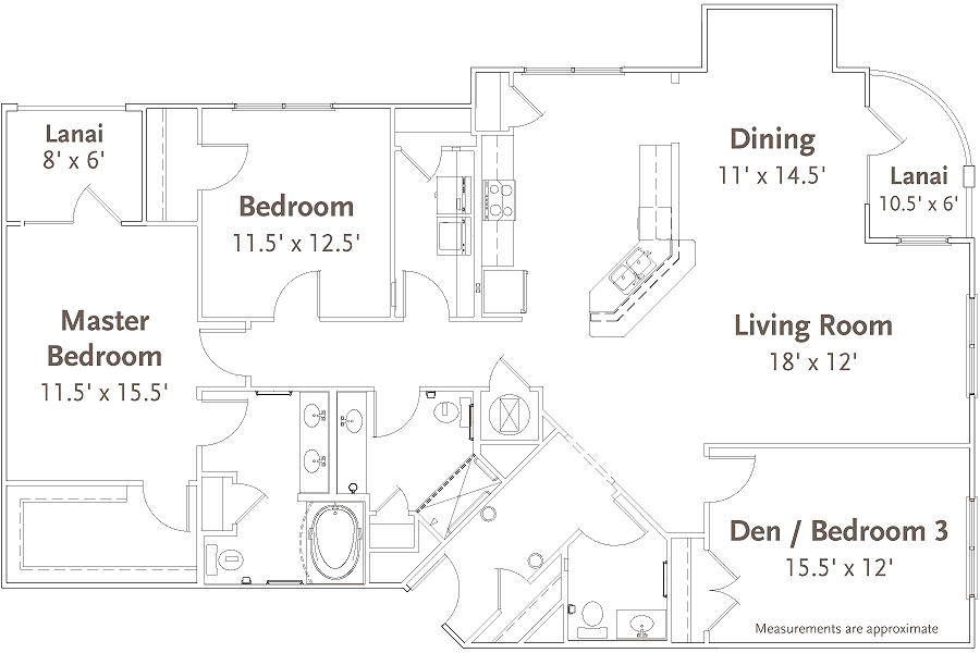 A floor plan showing a one-bedroom apartment with dimensions for the dining area, living room, bedroom, den, and bathroom.