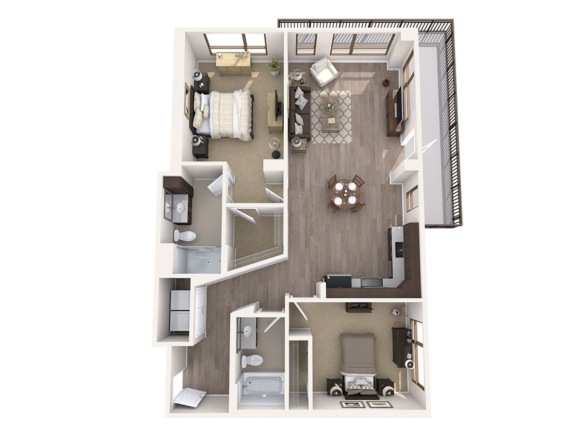 Modern two-bedroom apartment floor plan with an open concept living room and kitchen, featuring a balcony.